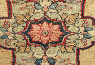 A small and fine eastern Persian rug, late 19th century.  Wonderful soft wool and elegant color combination.  Camel wool field.  Some moth nibbles in a few areas.  75  ...