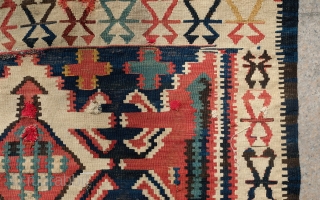 Kuba Kilim, 19th Century. Wafer thin weave.  Wonderful white border which provides a striking and elegant frame.  Deep saturated indigo ground.  In very good condition except for a few  ...