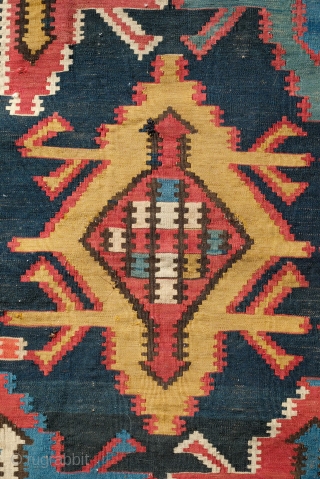 Kuba Kilim, 19th Century. Wafer thin weave.  Wonderful white border which provides a striking and elegant frame.  Deep saturated indigo ground.  In very good condition except for a few  ...