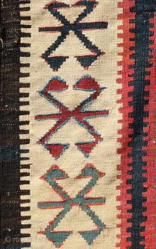 Kuba Kilim, 19th Century. Wafer thin weave.  Wonderful white border which provides a striking and elegant frame.  Deep saturated indigo ground.  In very good condition except for a few  ...