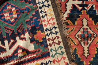 Kuba Kilim, 19th Century. Wafer thin weave.  Wonderful white border which provides a striking and elegant frame.  Deep saturated indigo ground.  In very good condition except for a few  ...