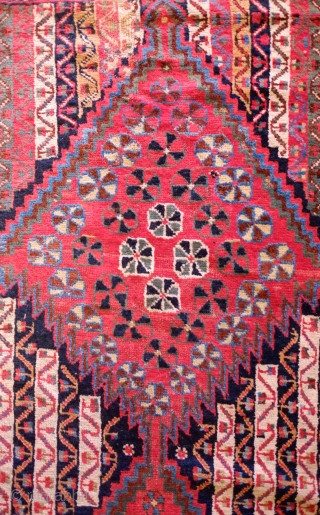 Khamseh-Qashqa'i Rug, 19th Century.  Kashmir shawl ground design with varying color schemes between the end sections and the center area with triple medallions. Selvedges mostly in tact with worn areas and  ...