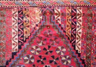 Khamseh-Qashqa'i Rug, 19th Century.  Kashmir shawl ground design with varying color schemes between the end sections and the center area with triple medallions. Selvedges mostly in tact with worn areas and  ...