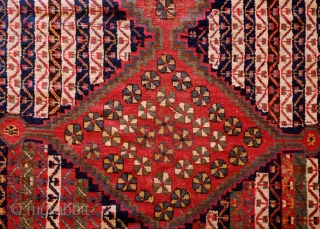 Khamseh-Qashqa'i Rug, 19th Century.  Kashmir shawl ground design with varying color schemes between the end sections and the center area with triple medallions. Selvedges mostly in tact with worn areas and  ...