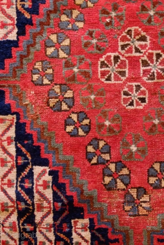 Khamseh-Qashqa'i Rug, 19th Century.  Kashmir shawl ground design with varying color schemes between the end sections and the center area with triple medallions. Selvedges mostly in tact with worn areas and  ...