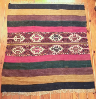 Adana or surrounding area ala chuval storage bag. Late 19th century.  Wonderful colors.  An excellently done repair on one of the sides and a spot on the kilim section. In  ...