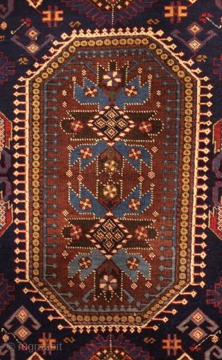 Kuba rug, late 19th century.  Fine weave and wonderful colors.  Striking border. 
 107 x 180 cm              