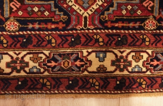 Kuba rug, late 19th century.  Fine weave and wonderful colors.  Striking border. 
 107 x 180 cm              