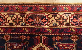 Kuba rug, late 19th century.  Fine weave and wonderful colors.  Striking border. 
 107 x 180 cm              