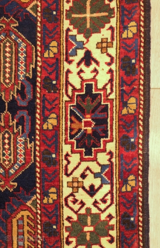 Kuba rug, late 19th century.  Fine weave and wonderful colors.  Striking border. 
 107 x 180 cm              