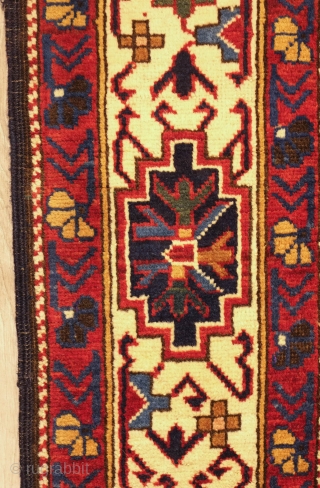 Kuba rug, late 19th century.  Fine weave and wonderful colors.  Striking border. 
 107 x 180 cm              