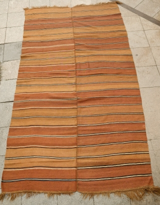 Hashtrud Group Shahsavan Kilim, Late 19th Century. Double panel in banded natural dyes. Wonderful muted colors resonating simplicity.  A great tribal piece. 180 x 340 cm      