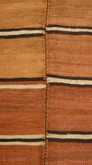 Hashtrud Group Shahsavan Kilim, Late 19th Century. Double panel in banded natural dyes. Wonderful muted colors resonating simplicity.  A great tribal piece. 180 x 340 cm      