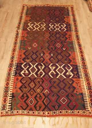 Malatya Kilim, 19th century.  Fine weave.  All good colors. Some metallic thread in the center of the hooked medallions.  Some cochineal in a beautiful rich hue.  Some damage  ...