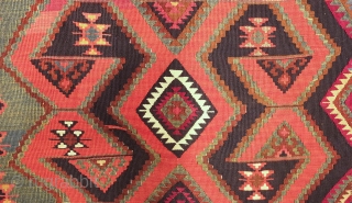 Malatya Kilim, 19th century.  Fine weave.  All good colors. Some metallic thread in the center of the hooked medallions.  Some cochineal in a beautiful rich hue.  Some damage  ...