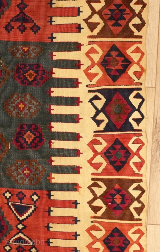 Malatya Kilim, 19th century.  Fine weave.  All good colors. Some metallic thread in the center of the hooked medallions.  Some cochineal in a beautiful rich hue.  Some damage  ...