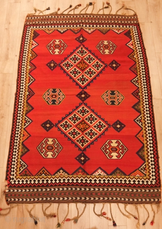 Qashqa'i kilim, late 19th century.  Great colors. Tight, fine weave.  Some damage as shown in the final image.  174 x 253 cm        