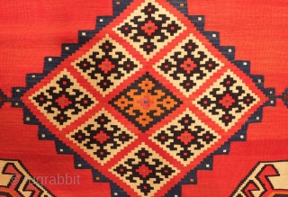 Qashqa'i kilim, late 19th century.  Great colors. Tight, fine weave.  Some damage as shown in the final image.  174 x 253 cm        