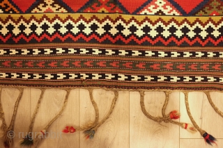 Qashqa'i kilim, late 19th century.  Great colors. Tight, fine weave.  Some damage as shown in the final image.  174 x 253 cm        