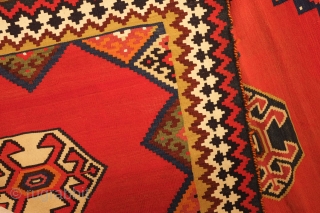 Qashqa'i kilim, late 19th century.  Great colors. Tight, fine weave.  Some damage as shown in the final image.  174 x 253 cm        