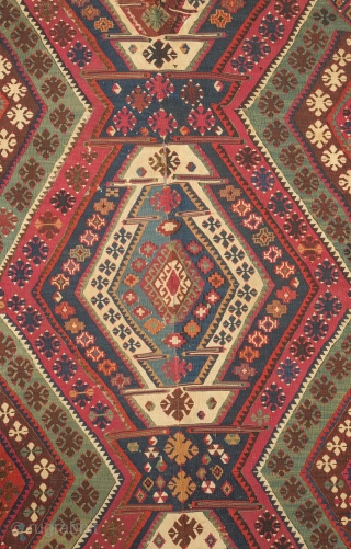 Malatya kilim, 19th century.  Deeply saturated colors and finely woven.  Note the pendant motif in the third to last image.  167 x 315 cm. Contact danauger@tribalgardenrugs.com    