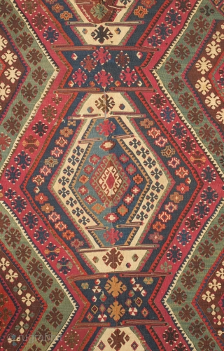 Malatya kilim, 19th century.  Deeply saturated colors and finely woven.  Note the pendant motif in the third to last image.  167 x 315 cm. Contact danauger@tribalgardenrugs.com    