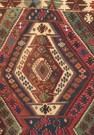 Malatya kilim, 19th century.  Deeply saturated colors and finely woven.  Note the pendant motif in the third to last image.  167 x 315 cm. Contact danauger@tribalgardenrugs.com    