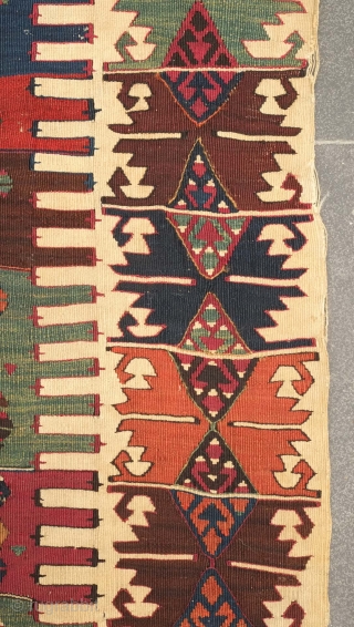 Malatya kilim, 19th century.  Deeply saturated colors and finely woven.  Note the pendant motif in the third to last image.  167 x 315 cm. Contact danauger@tribalgardenrugs.com    