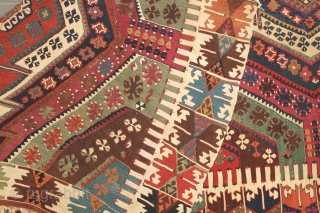 Malatya kilim, 19th century.  Deeply saturated colors and finely woven.  Note the pendant motif in the third to last image.  167 x 315 cm. Contact danauger@tribalgardenrugs.com    