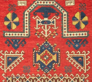 Fachralo Kazak prayer rug, 1916 according to the date inscribed.  Excellently drawn graphics.  In perfect condition. 116 x 197 cm  Contact danauger@tribalgardenrugs.com        