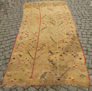 Balkan kilim, possibly Sharkoy, mid to 3rd quarter of the 19th century. Two trees of life in artfully evocative, spindly drawing.  The ground color is a soft green hue and the  ...