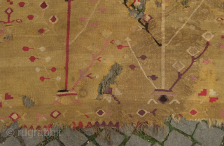Balkan kilim, possibly Sharkoy, mid to 3rd quarter of the 19th century. Two trees of life in artfully evocative, spindly drawing.  The ground color is a soft green hue and the  ...