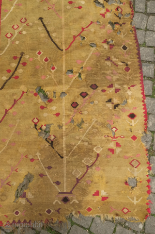 Balkan kilim, possibly Sharkoy, mid to 3rd quarter of the 19th century. Two trees of life in artfully evocative, spindly drawing.  The ground color is a soft green hue and the  ...