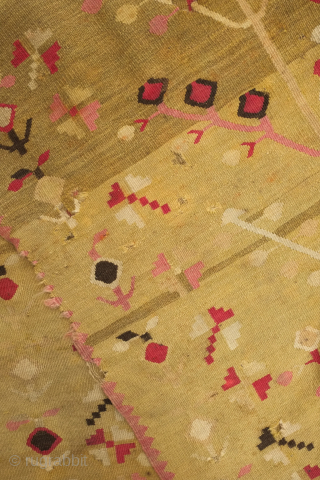 Balkan kilim, possibly Sharkoy, mid to 3rd quarter of the 19th century. Two trees of life in artfully evocative, spindly drawing.  The ground color is a soft green hue and the  ...