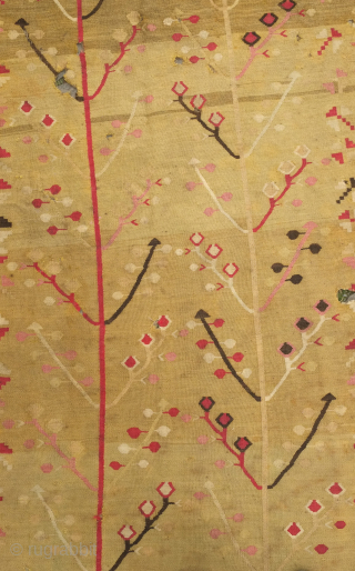 Balkan kilim, possibly Sharkoy, mid to 3rd quarter of the 19th century. Two trees of life in artfully evocative, spindly drawing.  The ground color is a soft green hue and the  ...
