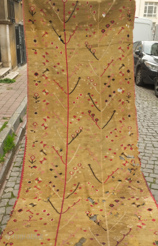 Balkan kilim, possibly Sharkoy, mid to 3rd quarter of the 19th century. Two trees of life in artfully evocative, spindly drawing.  The ground color is a soft green hue and the  ...