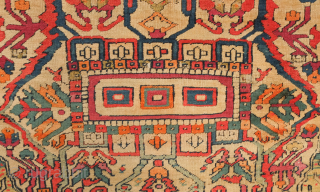 NW Persian rug, dated 1907. Central medallion and large pendant arrangement in a wild drawing. Goats in the field and human-like figures in the central medallion. Unusual. 105 x 227 cm  