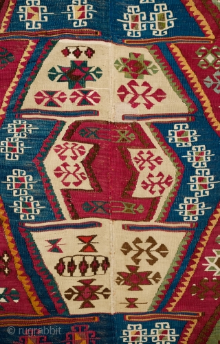 Malatya Rashwan Kilim, 4th Quarter of 19th century to early 20th century.  Gorgeous saturated colors.  In solid condition.  A section of the border has been repaired.  Faded colors  ...