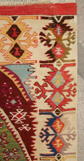 Malatya Rashwan Kilim, 4th Quarter of 19th century to early 20th century.  Gorgeous saturated colors.  In solid condition.  A section of the border has been repaired.  Faded colors  ...