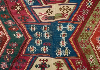 Malatya Rashwan Kilim, 4th Quarter of 19th century to early 20th century.  Gorgeous saturated colors.  In solid condition.  A section of the border has been repaired.  Faded colors  ...