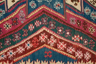 Malatya Rashwan Kilim, 4th Quarter of 19th century to early 20th century.  Gorgeous saturated colors.  In solid condition.  A section of the border has been repaired.  Faded colors  ...