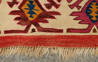 Malatya Rashwan Kilim, 4th Quarter of 19th century to early 20th century.  Gorgeous saturated colors.  In solid condition.  A section of the border has been repaired.  Faded colors  ...