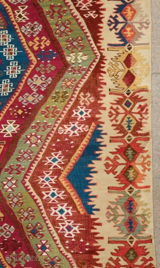 Malatya Rashwan Kilim, 4th Quarter of 19th century to early 20th century.  Gorgeous saturated colors.  In solid condition.  A section of the border has been repaired.  Faded colors  ...