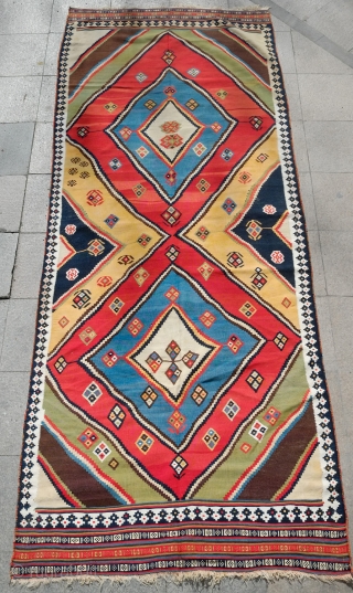 Qashqa'i Kilim, Late 19th Century.  Incredible saturated colors.  Fine texture.  A small area of finely done repair in one of the yellow sections depicted in the 6th image.   ...