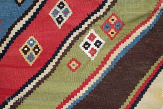 Qashqa'i Kilim, Late 19th Century.  Incredible saturated colors.  Fine texture.  A small area of finely done repair in one of the yellow sections depicted in the 6th image.   ...