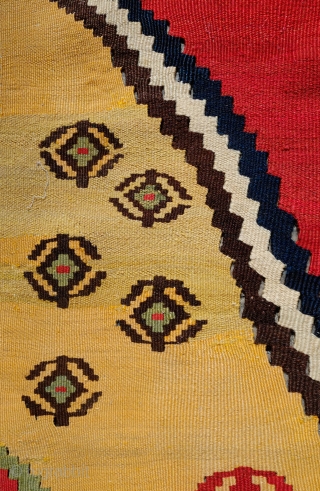 Qashqa'i Kilim, Late 19th Century.  Incredible saturated colors.  Fine texture.  A small area of finely done repair in one of the yellow sections depicted in the 6th image.   ...