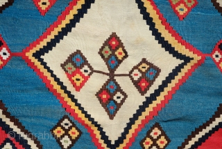 Qashqa'i Kilim, Late 19th Century.  Incredible saturated colors.  Fine texture.  A small area of finely done repair in one of the yellow sections depicted in the 6th image.   ...