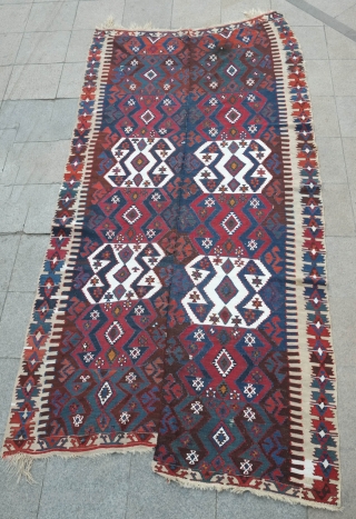 Malatya Kilim, 19th Century.  Deep, rich colors. Very saturated.  It has a couple of small holes and a stain on the top section but otherwise in good condition for its  ...