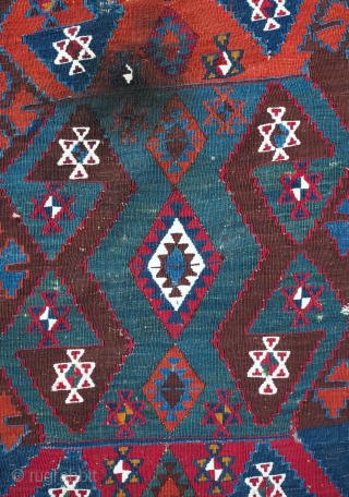 Malatya Kilim, 19th Century.  Deep, rich colors. Very saturated.  It has a couple of small holes and a stain on the top section but otherwise in good condition for its  ...