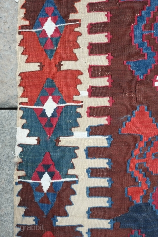 Malatya Kilim, 19th Century.  Deep, rich colors. Very saturated.  It has a couple of small holes and a stain on the top section but otherwise in good condition for its  ...